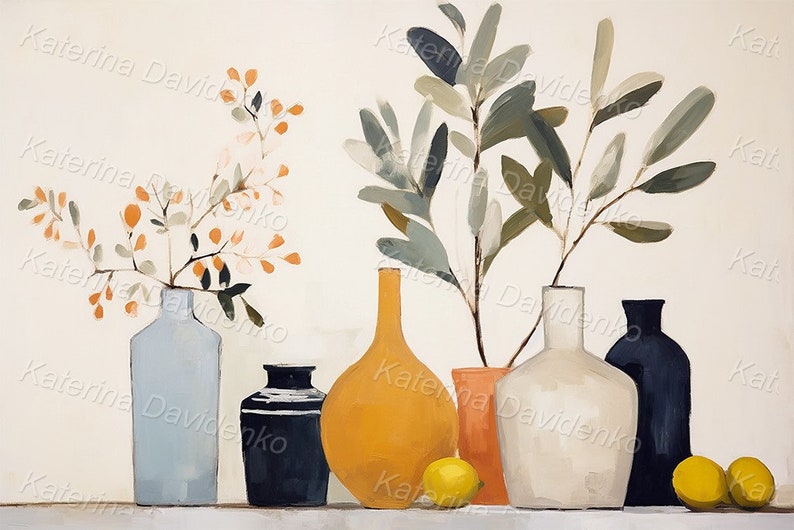 May include: A still life painting featuring a variety of vases and plants. The vases are in shades of blue, yellow, white, and black. The plants include a leafy green branch and a branch with small orange flowers. There are also three yellow lemons on the table.