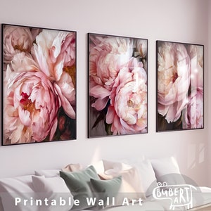 Lot de 3 affiches imprimées pivoines roses, grande peinture pivoine fleurs roses pivoines art mural pivoines impression art mural floral imprimable salon