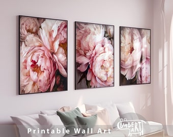 Roze pioen print poster set van 3 prints pioenroos groot schilderij roze pioen bloemen muur kunst pioenrozen print afdrukbare bloemen muur kunst woonkamer