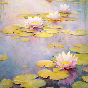 May include: A painting of pink water lilies floating on a pond with green lily pads. The water is a light blue with a soft, hazy background.