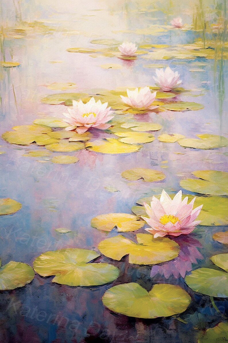 May include: A painting of pink water lilies floating on a pond with green lily pads. The water is a light blue with a soft, hazy background.