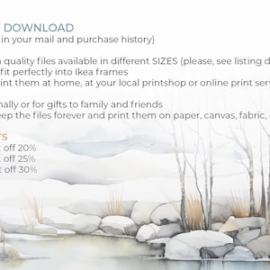 May include: A watercolor painting of a snowy landscape with trees and rocks. The text "INSTANT DOWNLOAD (the link is in your mail and purchase history)" is at the top of the image. The text "DISCOUNTS" is at the bottom of the image, with the following text below: "Buy 2 - get off 20%", "Buy 3 - get off 25%", "Buy 4 - get off 30%".
