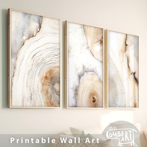 以下が含まれることがあります： 白の壁に、茶色、ベージュ、白の抽象的な木目模様が描かれた額装されたプリントが3枚、横に並んでいます。