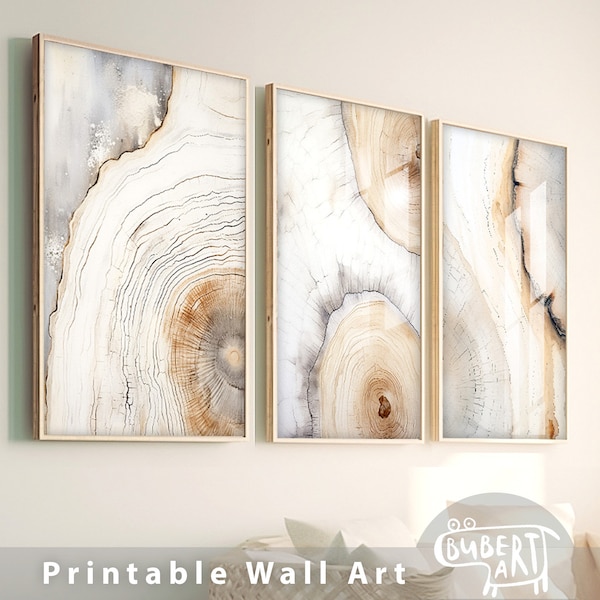 Beige Tree Ring Prints Set of 3 Posters Wood Slice Prints Tree Ring Art Nature Theme Art Print Modern Neutral Abstract Tree Rings Wall Art