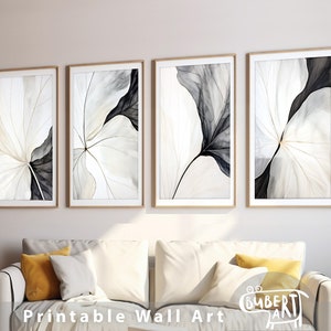 Set of 4 Prints Close-up Leaf Poster Semi Abstract Botanical Watercolor Leaves Wall Art Black White Colors Printed Neutral Wall Decor Leaf