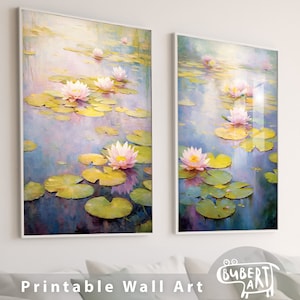 Lotus Flowers Artwork Printable Lotus Posters Home Decor Wall Art Print Style Monet Set of 2 Floral Posters Digital Download