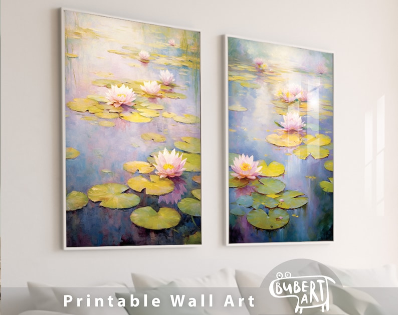 May include: Two framed paintings of water lilies in a pond. The paintings are in a soft, pastel color palette with shades of pink, green, and blue. The water lilies are in bloom and the leaves are floating on the surface of the water.