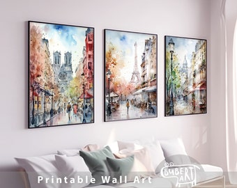 Set of 3 Paintings Eiffel Tower Montmartre Notre Dame Paris Travel Poster French Wall Art Decor Watercolor Digital Print Sacre Coeur Paris