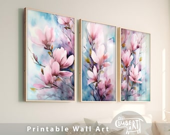 Botanical Set of 3 Pink Magnolia Watercolour Flower Prints Floral Printable Wall Art Living Room Wall Decor Poster Set Digital Download