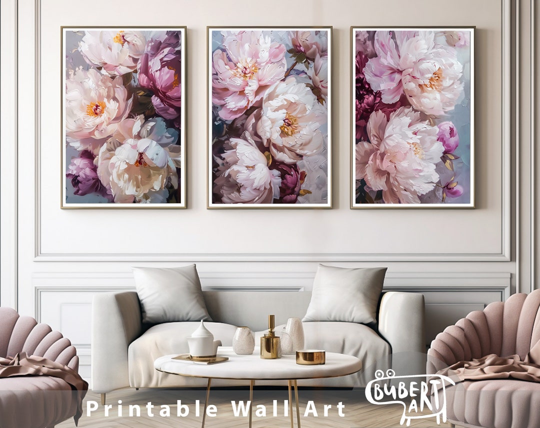 Purple Peony Print Poster Set of 3 Prints Close-up Peony Large Impasto ...