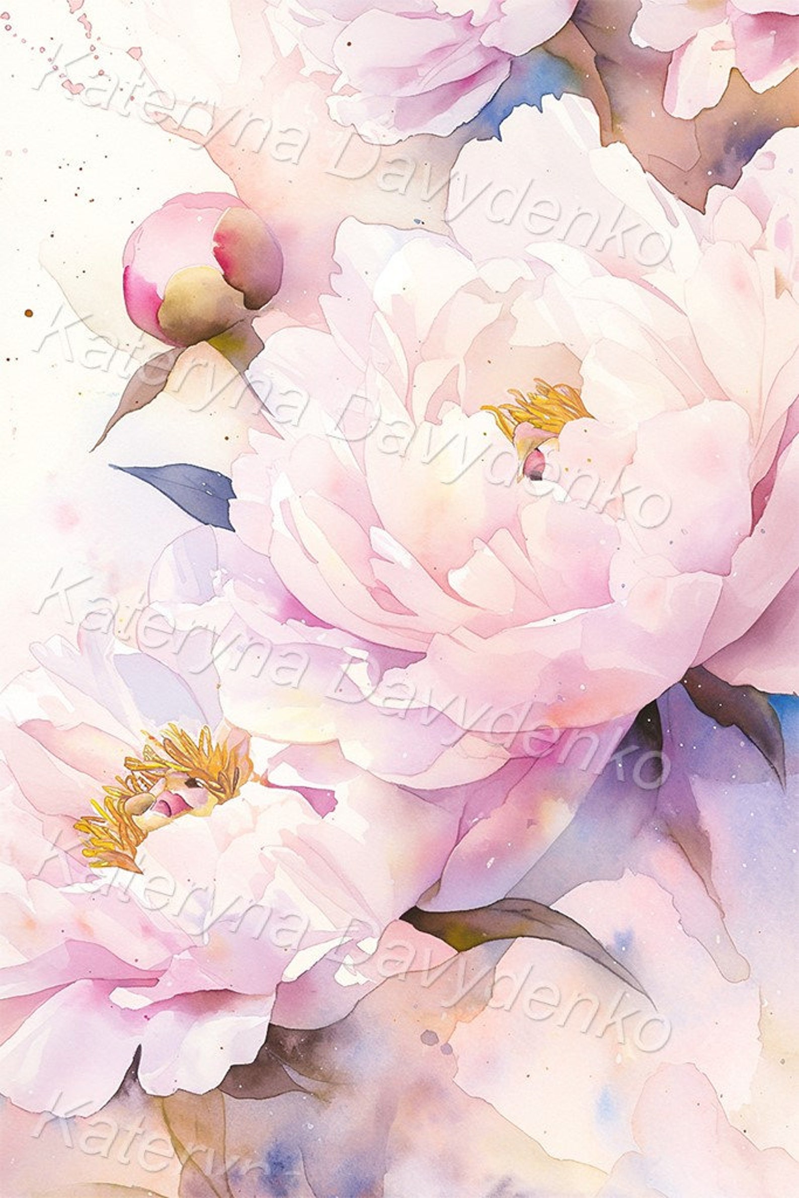 Close up Light Pink Peony Watercolor Painting of 3 Pieces Poster Print ...