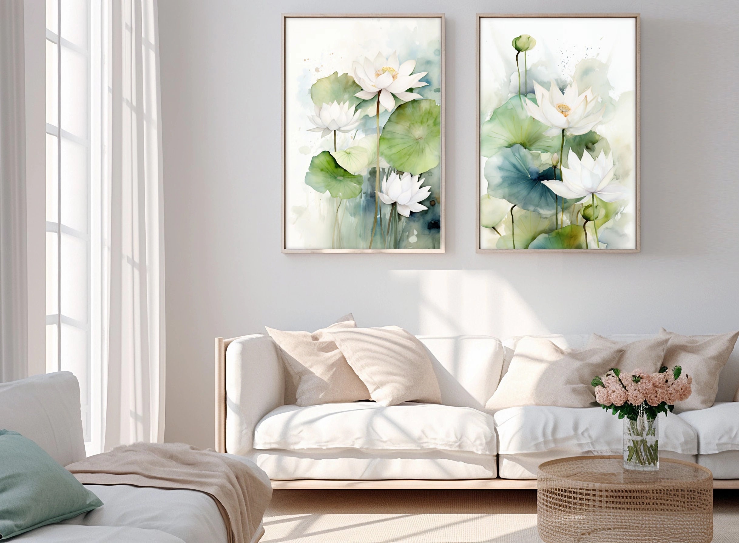 Lotus Watercolor Painting Set of 2 Print Botanical Wall Art Printable ...