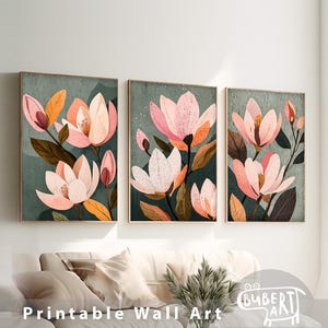 Conjunto de 3 pinturas de flores de magnólia rosa para impressão, arte de parede boho, conjunto de pôsteres florais, download digital, arte botânica, estilo boho