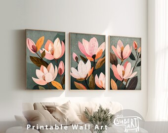 Set of 3 Printable Pink Magnolia Flower Painting Boho Wall Art Prints Floral Poster Set Digital Download Botanical Artwork Boho Style