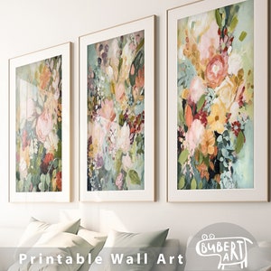 Colorful Abstract Floral Set of 3 Prints, Botanical Printable Art, Modern Abstract Floral Art, Pastel Wild Flowers Prints, Boho Wall Decor