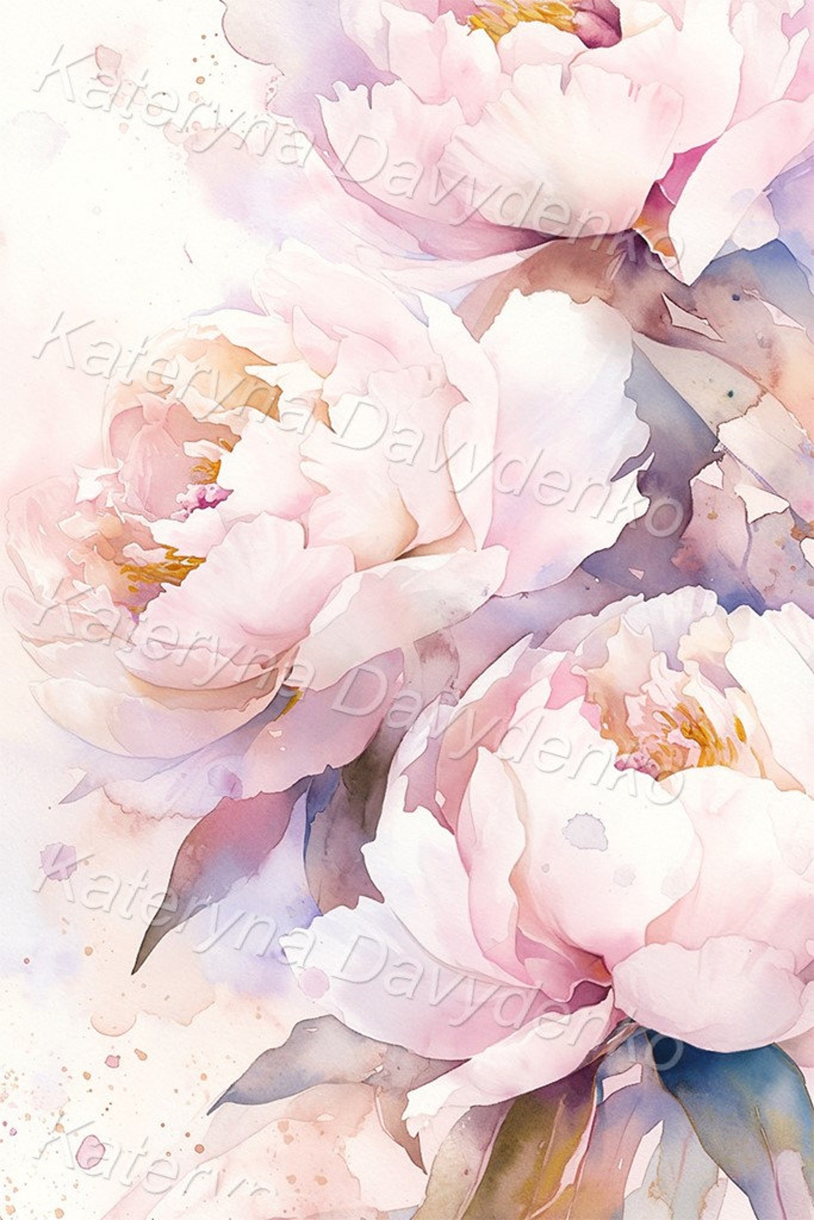Close up Light Pink Peony Watercolor Painting of 3 Pieces Poster Print ...