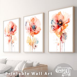 Red Poppies Printable Set of 3 Watercolor Painting Poppy Flower Wall Art Print