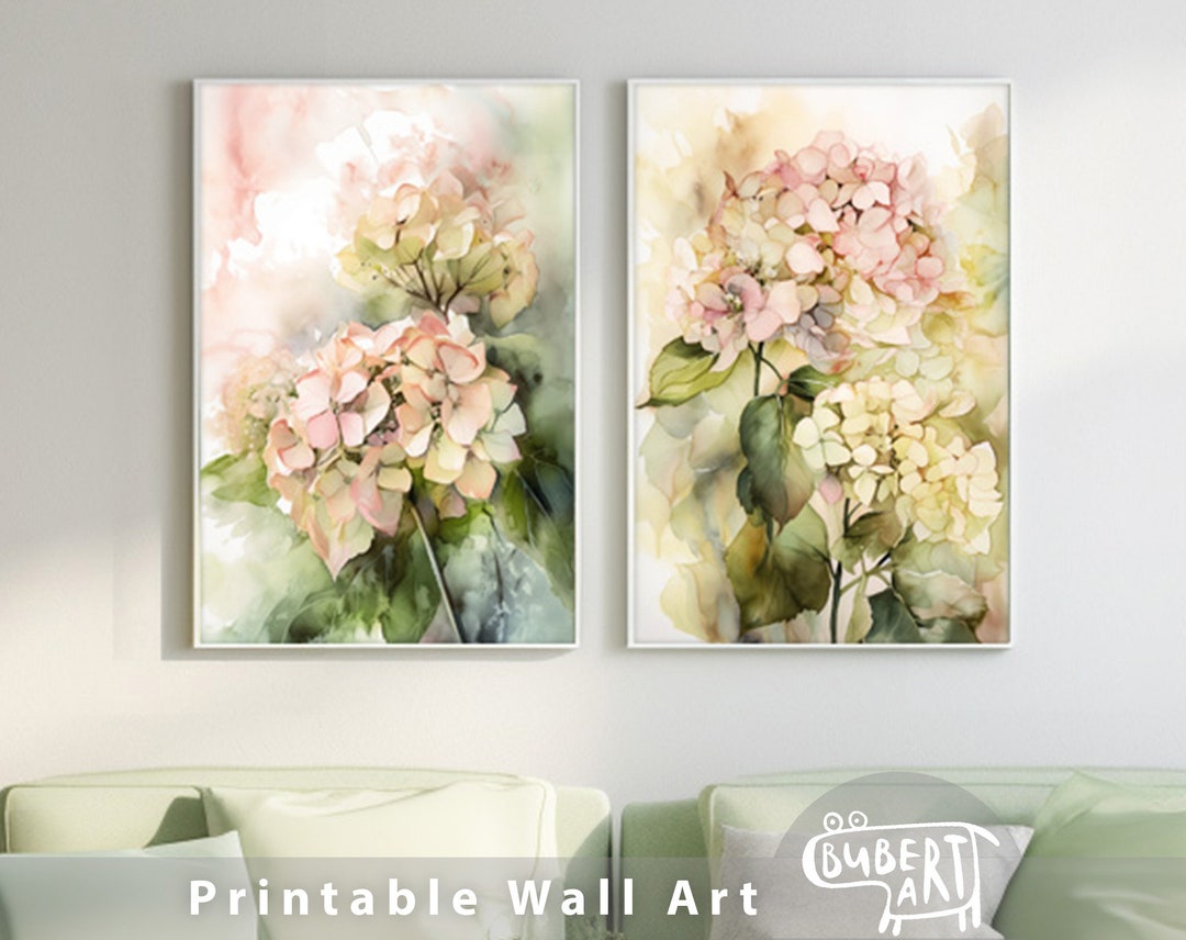 Hydrangea Flowers Art Watercolor Floral Painting Set of 2 Pieces for ...