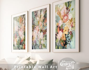 Colorful Abstract Floral Set of 3 Prints, Botanical Printable Art, Modern Abstract Floral Art, Pastel Wild Flowers Prints, Boho Wall Decor