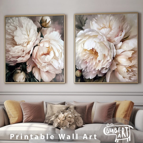 Conjunto de impresión de peonía blanca de 2 impresiones Peony Square Pintura grande Flores de peonía blanca Arte de pared Peonías Impresión Estampados cuadrados florales neutros