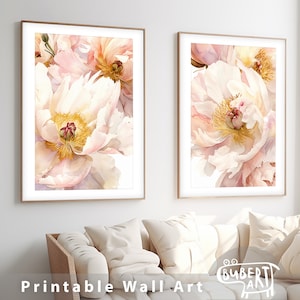 Pink Peonies Watercolor Painting Set Of 2 Print Large Peony Flowers Wall Art Gallery Floral Poster Botanical Printable Artwork