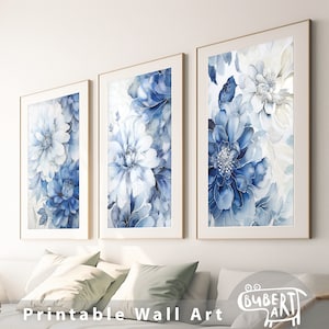 Poster verticali floreali indaco, set di 3 stampe per soggiorno, fiori blu navy, arte murale in stile boho, decorazioni botaniche stampabili, colori tenui