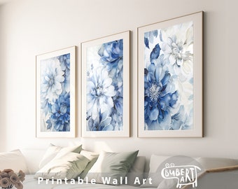 Indigo Floral Vertical Posters Living Room Set of 3 Prints Navy Blue Flowers Wall Art Boho Style Botanical Printable Home Decor Muted Colors
