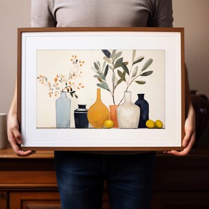 May include: A framed print of a still life featuring a variety of vases and branches with leaves and flowers. The vases are in shades of blue, white, yellow, and orange. The background is a light cream color.