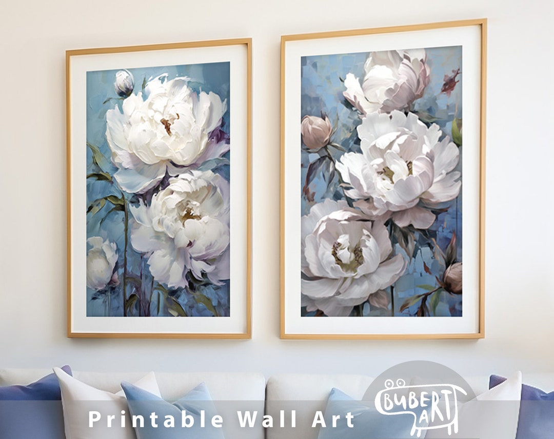 Set of 2 Pieces White Peonies Wall Art Printable Oil Painting Impasto ...