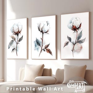Neutral printable cotton wall art set of 3 paintings. Print of cotton flower ball branch. Watercolor botanical art. Digital download