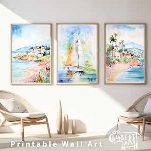 Coastal Wall Art Set of 3 Prints, California Wall Art, California Watercolor Printable Set, Sailboat Painting, California Seascape artwork