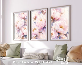 Pink Peony Set of 3 Watercolor Paintings Peony Poster Print Watercolour Peonies Wall Art Printable Floral Decor Digital Download
