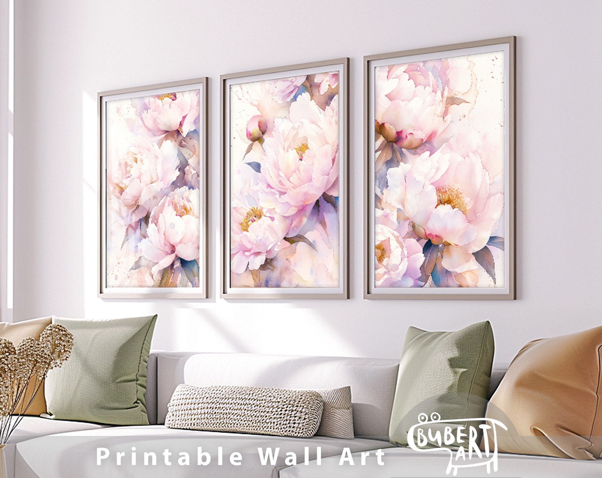 Close up Light Pink Peony Watercolor Painting of 3 Pieces Poster Print ...