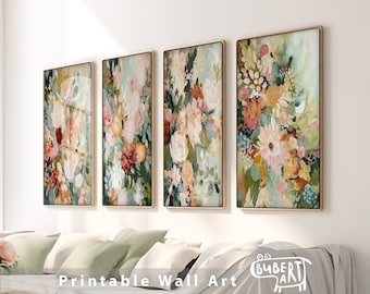 Pastel Tones Abstract Floral Set of 4 Prints Printable Wall Decor Modern Abstract Floral Art Colorful Wild Flowers Prints Boho Botanical Art