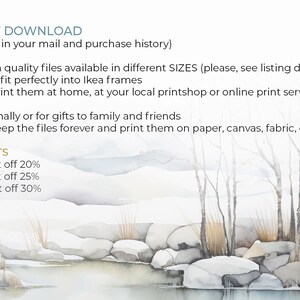 May include: A watercolor painting of a snowy landscape with trees and rocks. The text "INSTANT DOWNLOAD (the link is in your mail and purchase history)" is at the top of the image. The text "DISCOUNTS" is at the bottom of the image, with the following text below: "Buy 2 - get off 20%", "Buy 3 - get off 25%", "Buy 4 - get off 30%".