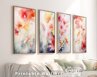 Watercolor Painting Koi Fish Set of 4 Prints Vertical Japanese Koi Fish Wall Home Decor Art Poster For Living Room Digital Download