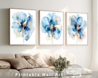 Juego de 3 impresiones de amapolas azules en acuarela, arte floral en acuarela, obra de arte minimalista, pósteres de bellas artes botánicas, arte floral para pared.
