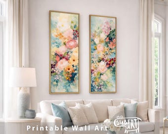 Vertical Floral Wall Art Set of 2 Narrow Printable Botanical Panels