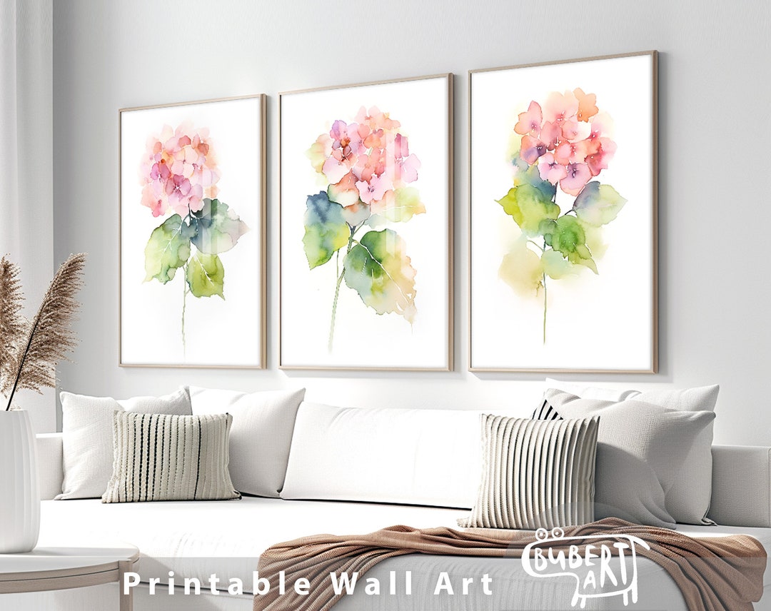 Watercolor Set of 3 Pink Hydrangea Flower Printable Paintings Floral ...