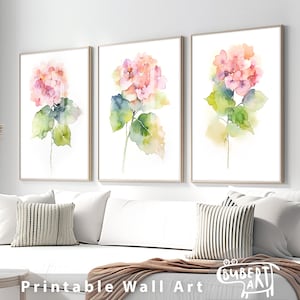 Watercolor set of 3 pink hydrangea flower printable paintings Floral home decor Botanical wall art print hydrangea posters white background