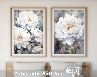 White Peony Print Poster Set of 2 Pieces Peonies Large Watercolour Painting Peony Flowers Wall Art White Peonies Printable Floral Wall Decor