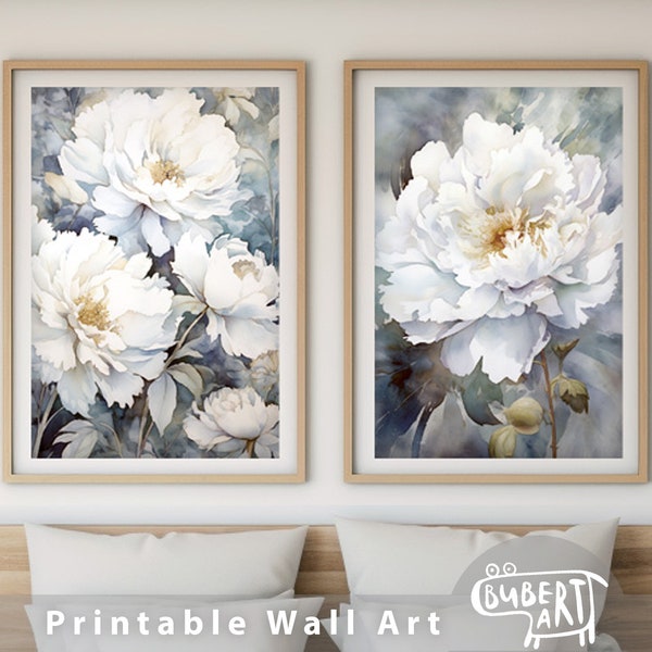 White Peony Print Poster Set of 2 Pieces Peonies Large Watercolour Painting Peony Flowers Wall Art White Peonies Printable Floral Wall Decor