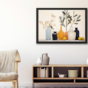 May include: A framed painting of a still life with a variety of vases and branches with leaves and fruit. The vases are in shades of blue, white, orange, and black. The fruit is yellow lemons.