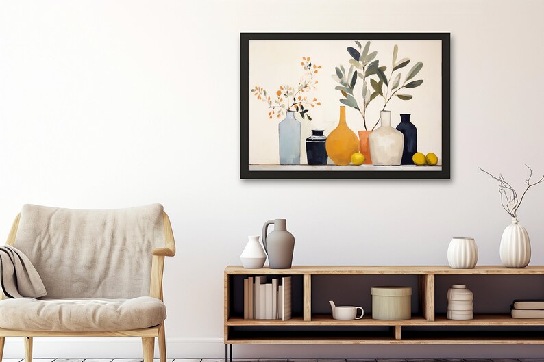 May include: A framed painting of a still life with a variety of vases and branches with leaves and fruit. The vases are in shades of blue, white, orange, and black. The fruit is yellow lemons.