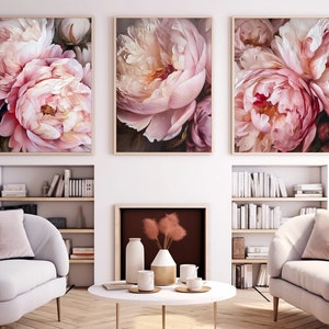 Pink Peony Print Poster Set of 3 Prints Peony Large Painting Pink Peony ...