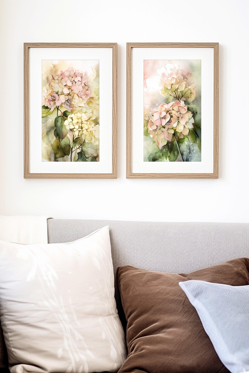 Hydrangea Flowers Art Watercolor Floral Painting Set of 2 Pieces for ...