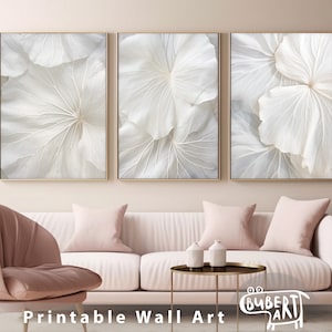 Neutral White Floral Set of 3 Prints White Leaves Neutral Tones White bedroom Wall Decor Botanical Modern Printable Abstract Art Digital