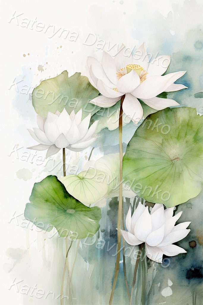 Lotus Watercolor Painting Set of 2 Print Botanical Wall Art Printable ...