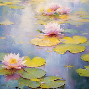 May include: A painting of pink water lilies floating on a pond with green lily pads. The water is a light blue with a hazy, dreamy effect. The background is a soft, light blue.