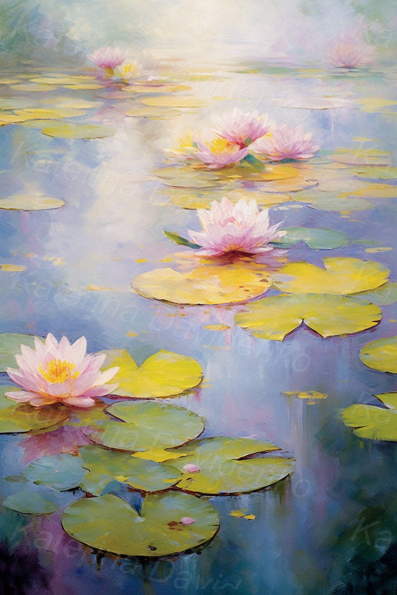 May include: A painting of pink water lilies floating on a pond with green lily pads. The water is a light blue with a hazy, dreamy effect. The background is a soft, light blue.